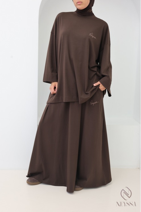 Neyssa Women's Brown Long Skirt and Loose-Fit Top Set