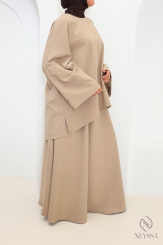 2-teiliges Set in Taupe mit langem Rock + langem Oberteil 2