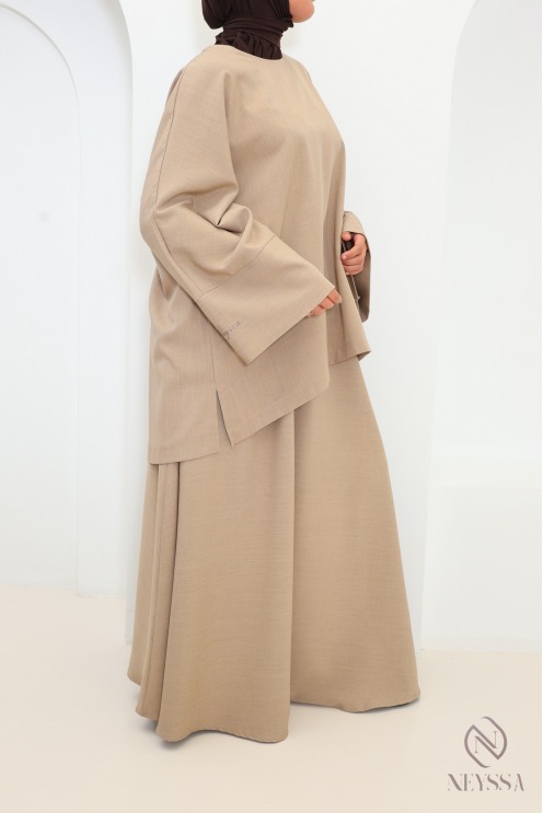 Two-piece taupe set with long skirt + long top