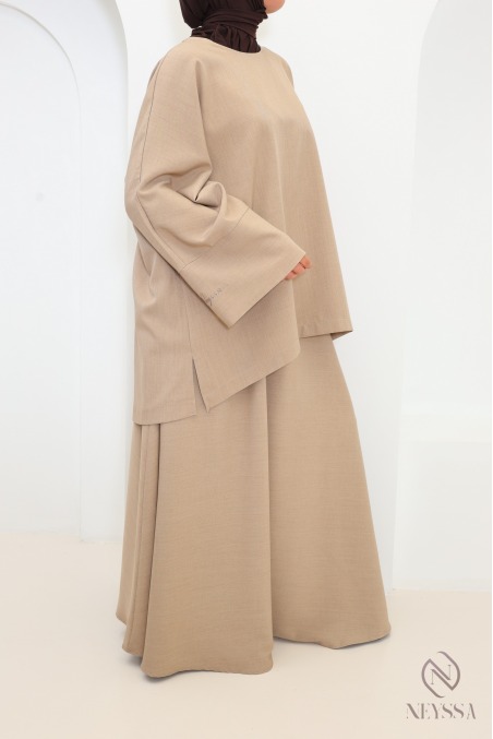 Two-piece taupe set with long skirt + long top