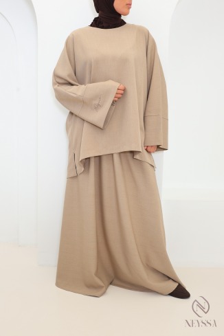 Two-piece taupe set with long skirt + long top
