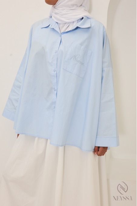 Baby blue oversized mid-length cotton shirt