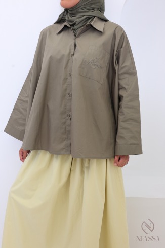 Oversize-Hemd mit langen Ärmeln aus khakifarbener Baumwolle 2