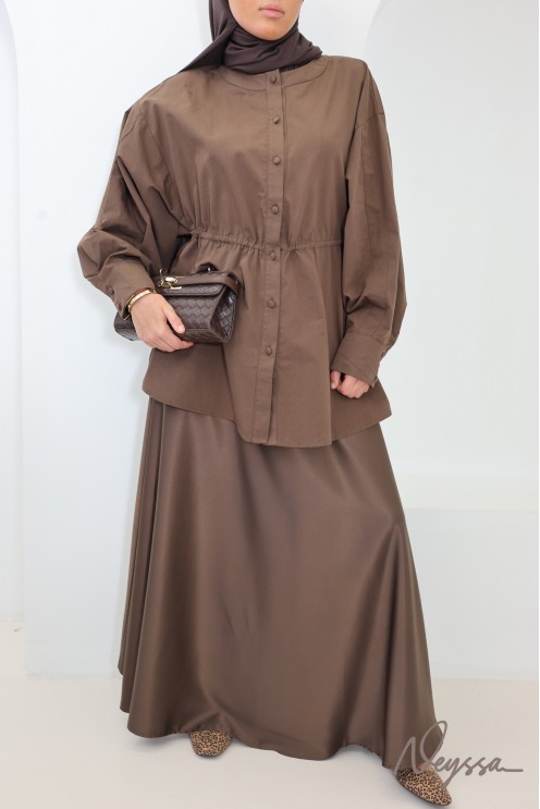 Brown satin flared maxi skirt with belt