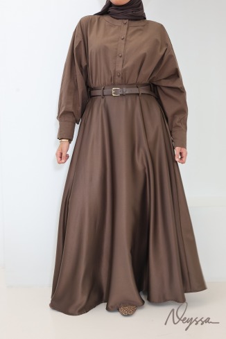 Brown satin flared maxi skirt with belt