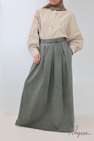 Women's Long, Loose-Fitting Khaki Denim Skirt Without a Slit
