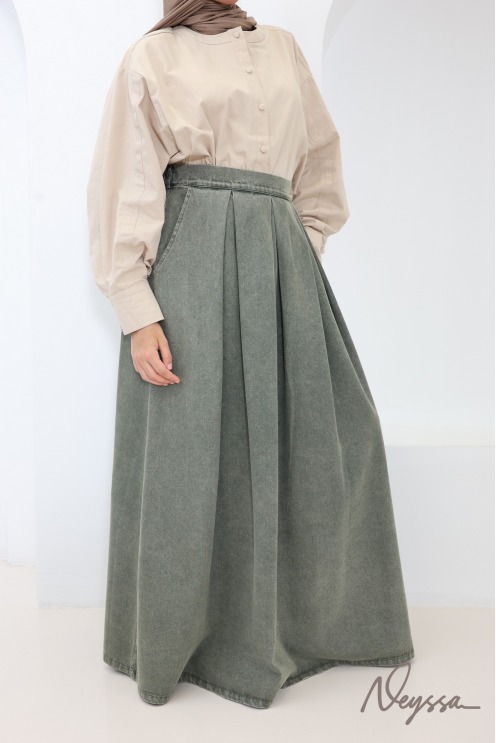 Jupe jean femme longue et ample sans fente kaki
