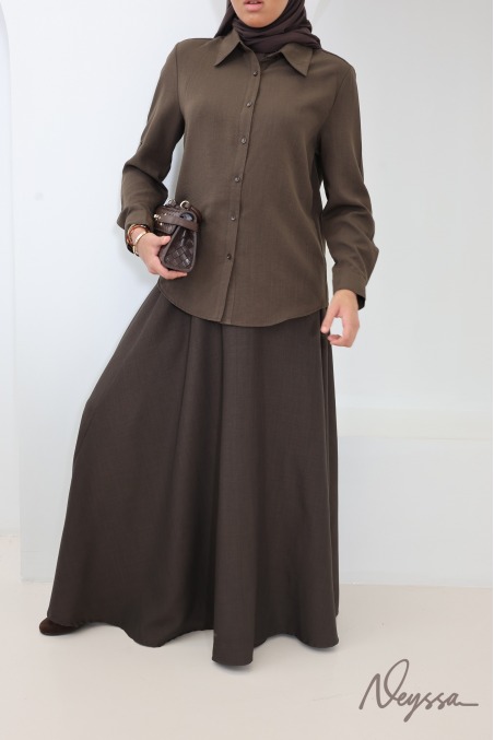Women's Rich Chocolate-Colored Tailored-Style Skirt Elastic Waistband