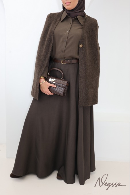 Women's Rich Chocolate-Colored Tailored-Style Skirt Elastic Waistband