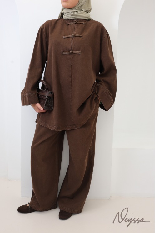 Ensemble pantalon ample + haut long boutons chinois Chocolat