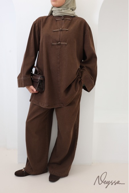 Chocolate-Colored Loose-Fitting Pants and Long Top Set Chinese-Style