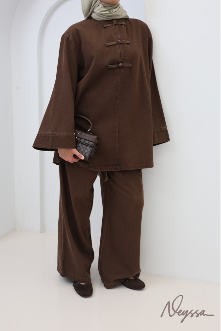 Ensemble pantalon ample + haut long boutons chinois Chocolat