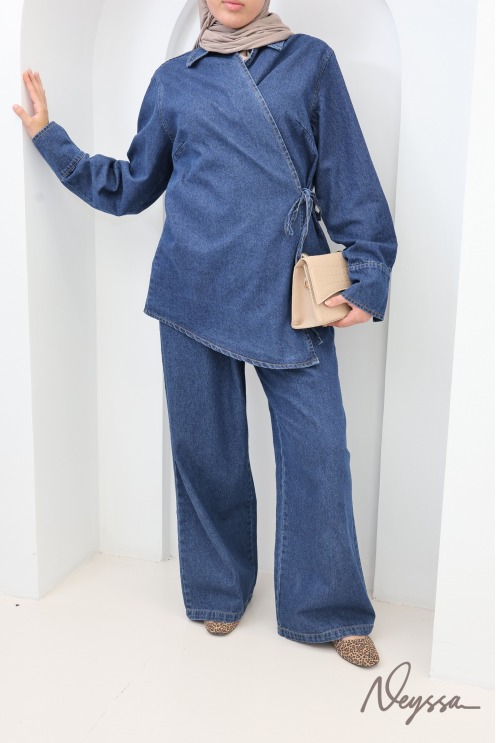Loose-Fit Pants + Denim Kimono Top Set in Raw Cotton