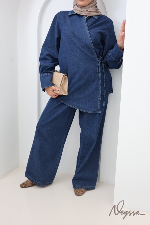 Loose-Fit Pants + Denim Kimono Top Set in Raw Cotton