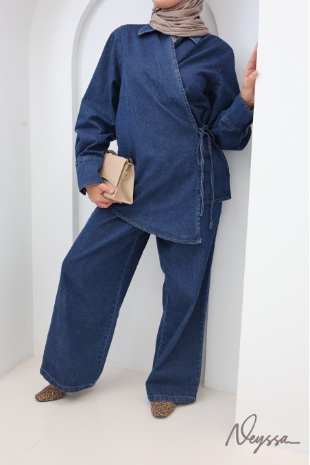 Loose-Fit Pants + Denim Kimono Top Set in Raw Cotton