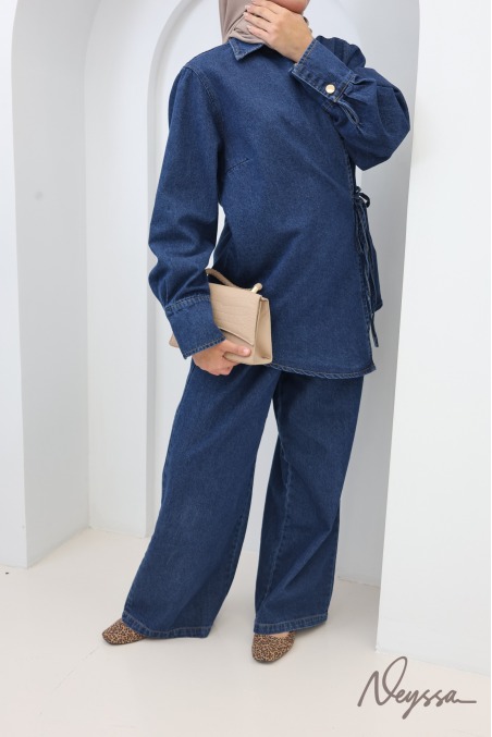 Loose-Fit Pants + Denim Kimono Top Set in Raw Cotton