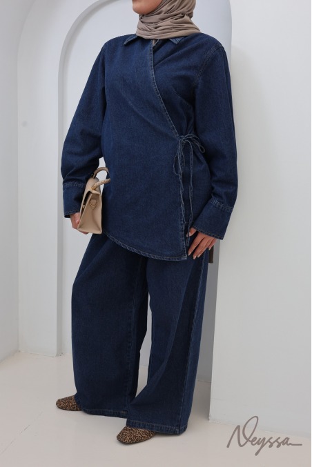 Loose-Fit Pants + Denim Kimono Top Set in Raw Cotton