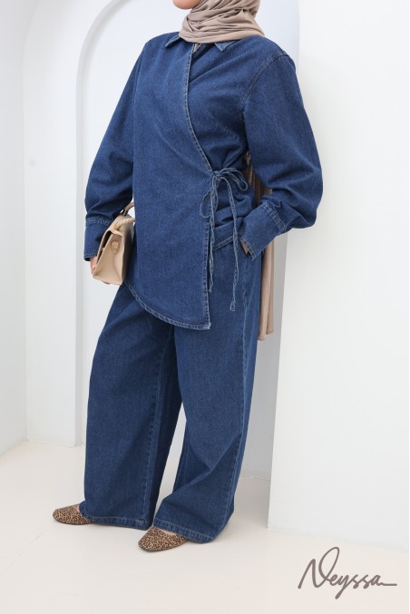 Loose-Fit Pants + Denim Kimono Top Set in Raw Cotton