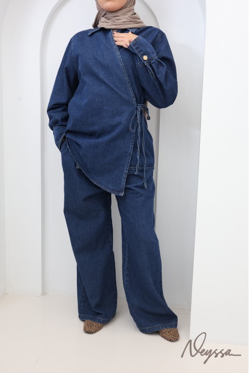 Loose-Fit Pants + Denim Kimono Top Set in Raw Cotton
