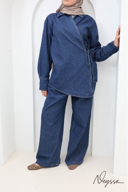 Ensemble pantalon ample + haut kimono en jean Brut coton