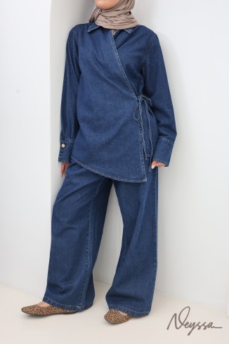 Loose-Fit Pants + Denim Kimono Top Set in Raw Cotton 2
