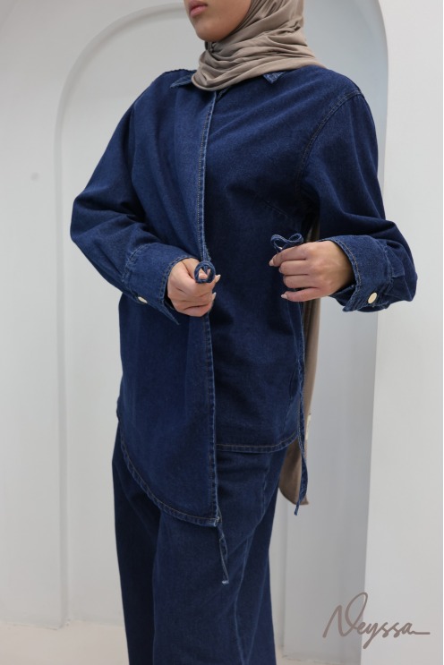 Loose-Fit Pants + Denim Kimono Top Set in Raw Cotton
