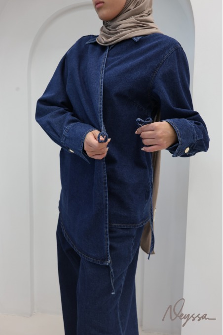 Loose-Fit Pants + Denim Kimono Top Set in Raw Cotton