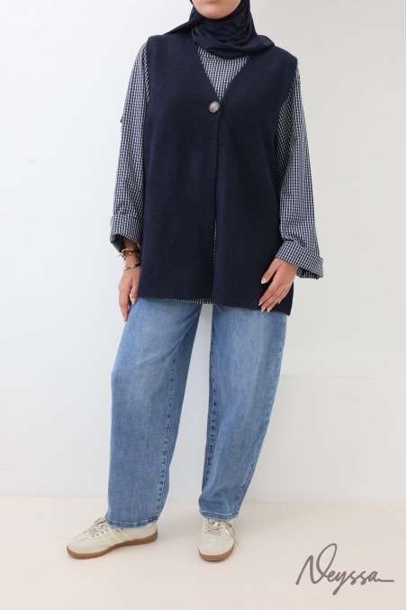 Gilet effet laine sans manches col V bleu nuit