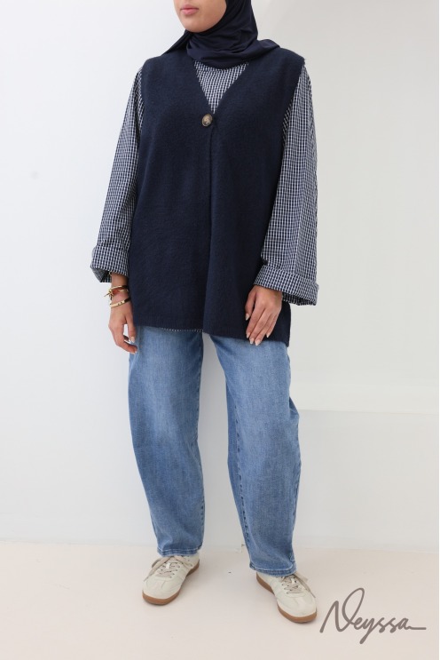 Sleeveless, wool-look V-neck cardigan in midnight blue