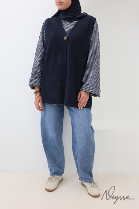 Sleeveless, wool-look V-neck cardigan in midnight blue