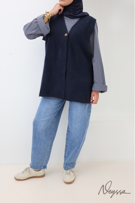 Sleeveless, wool-look V-neck cardigan in midnight blue