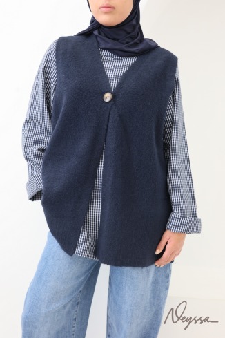 Sleeveless, wool-look V-neck cardigan in midnight blue 2