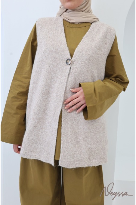Beige, sleeveless, V-neck, wool-effect knit cardigan