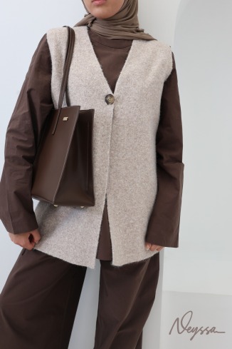 Beige, sleeveless, V-neck, wool-effect knit cardigan 2
