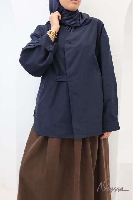 Women's Loose-Fitting Wrap Shirt, 100% Cotton, Midnight Blue