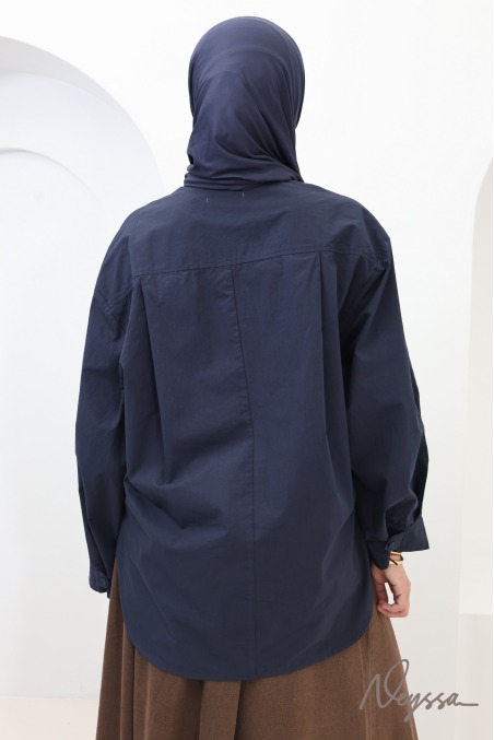 Women's Loose-Fitting Wrap Shirt, 100% Cotton, Midnight Blue