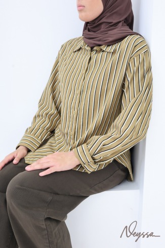 Weites Damenhemd mit Streifen, asymmetrischer Schnitt, khaki 2