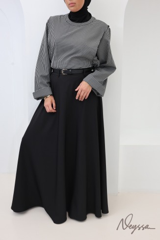 Black flared tailored-style maxi skirt with belt