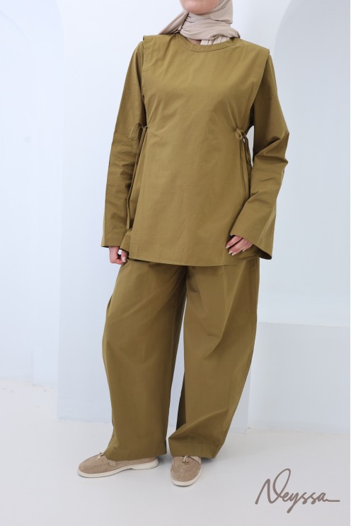 Ensemble femme en coton Olive, pantalon et blouse à nouer
