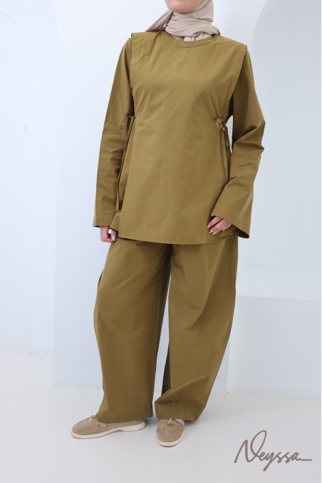 Ensemble femme en coton Olive, pantalon et blouse à nouer