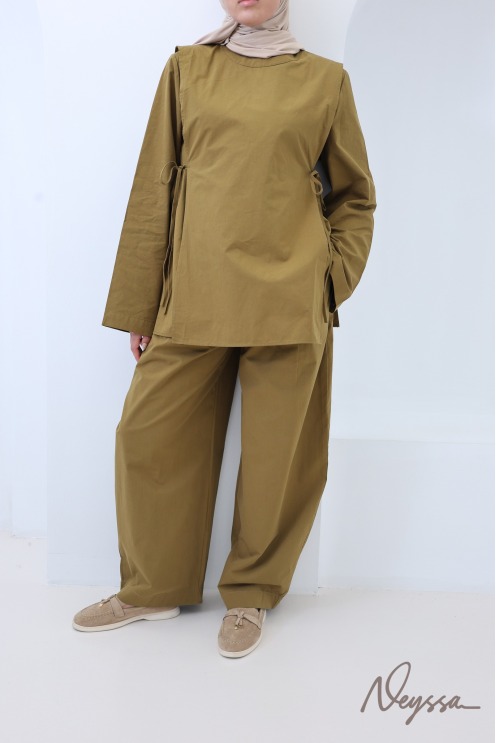Ensemble femme en coton Olive, pantalon et blouse à nouer