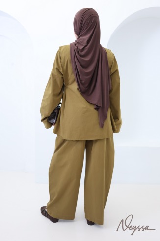 Ensemble femme en coton Olive, pantalon et blouse à nouer 2