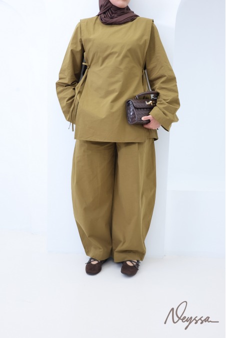 Ensemble femme en coton Olive, pantalon et blouse à nouer