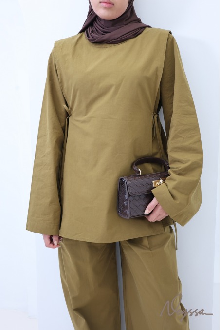 Ensemble femme en coton Olive, pantalon et blouse à nouer