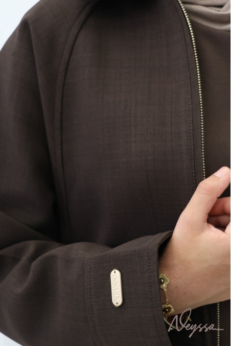 Veste oversize tissu effet tailleur chocolat avec zip tendance
