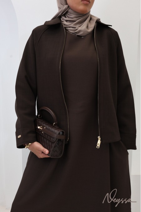 Veste oversize tissu effet tailleur chocolat avec zip tendance