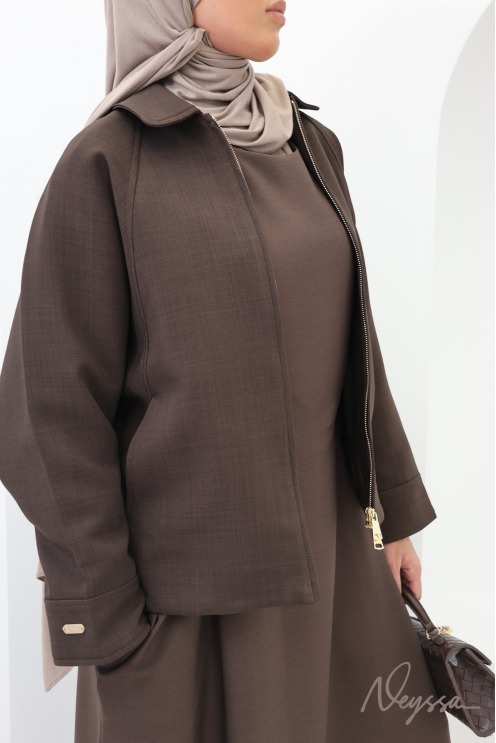 Veste oversize tissu effet tailleur chocolat avec zip tendance