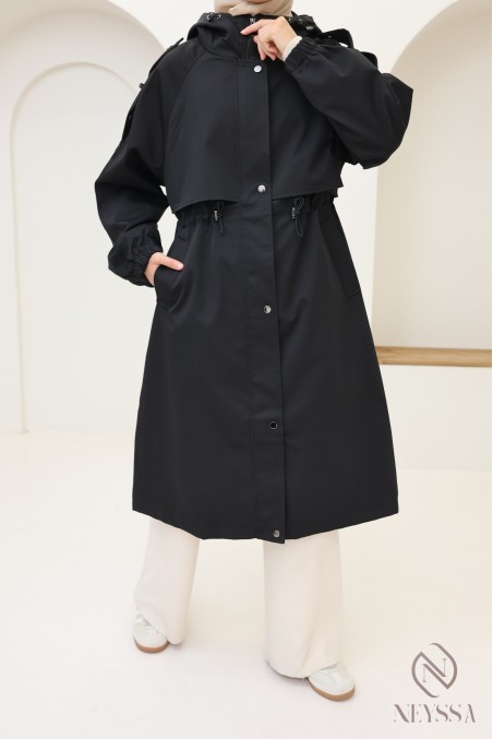 Long parka-style jacket, modern chic cut for hijabi women