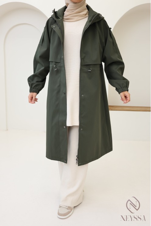 Long women's coat in chic khaki parka style, rainy weather