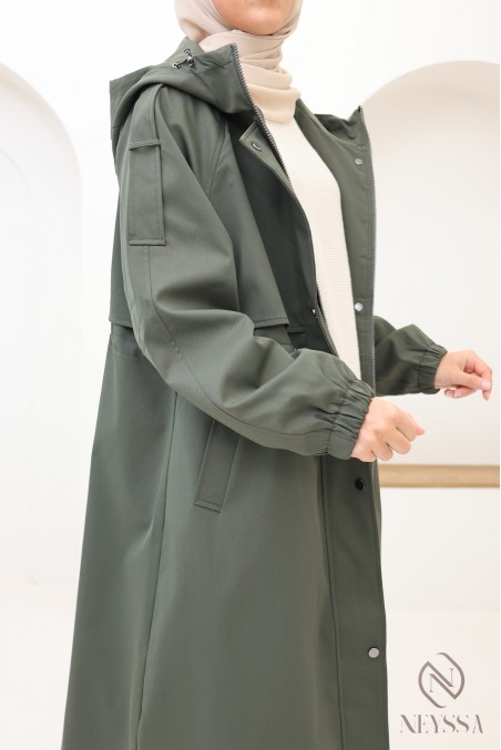 Long women's coat in chic khaki parka style, rainy weather